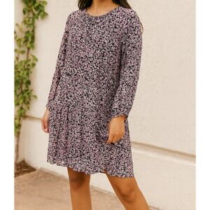 H&M sz XL Womens Black Pink Flowy Ditsy Floral Long Sleeve Tiered Babydoll Dress